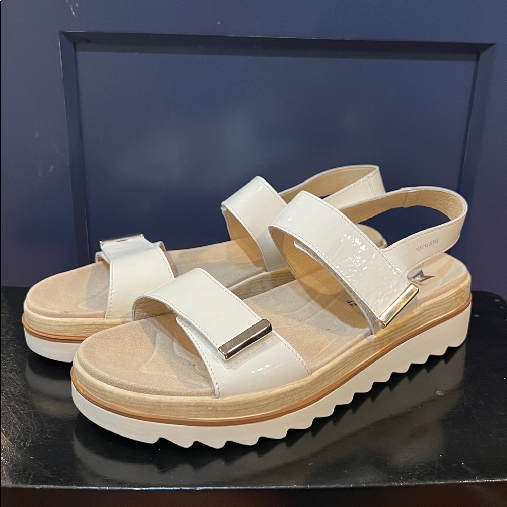 Women’s Mephisto Wedge Sandals (42) chunky white patent leather
